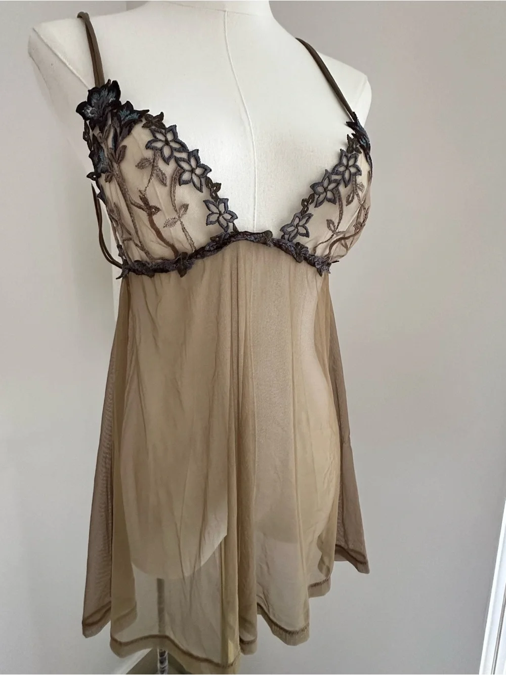 La Perla Taupe Sheer Mesh Embroidered top Chemise